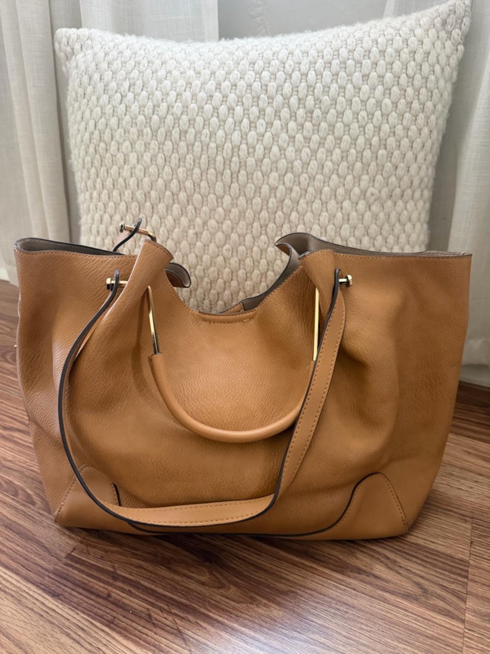 Classic Tan Leather Tote Bag with Gold Accents